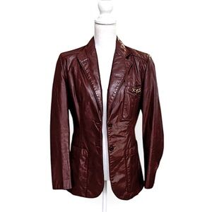 Etienne Aigner VtG Burgundy Brown Leather Jacket Blazer  Gold tone logo piece 12